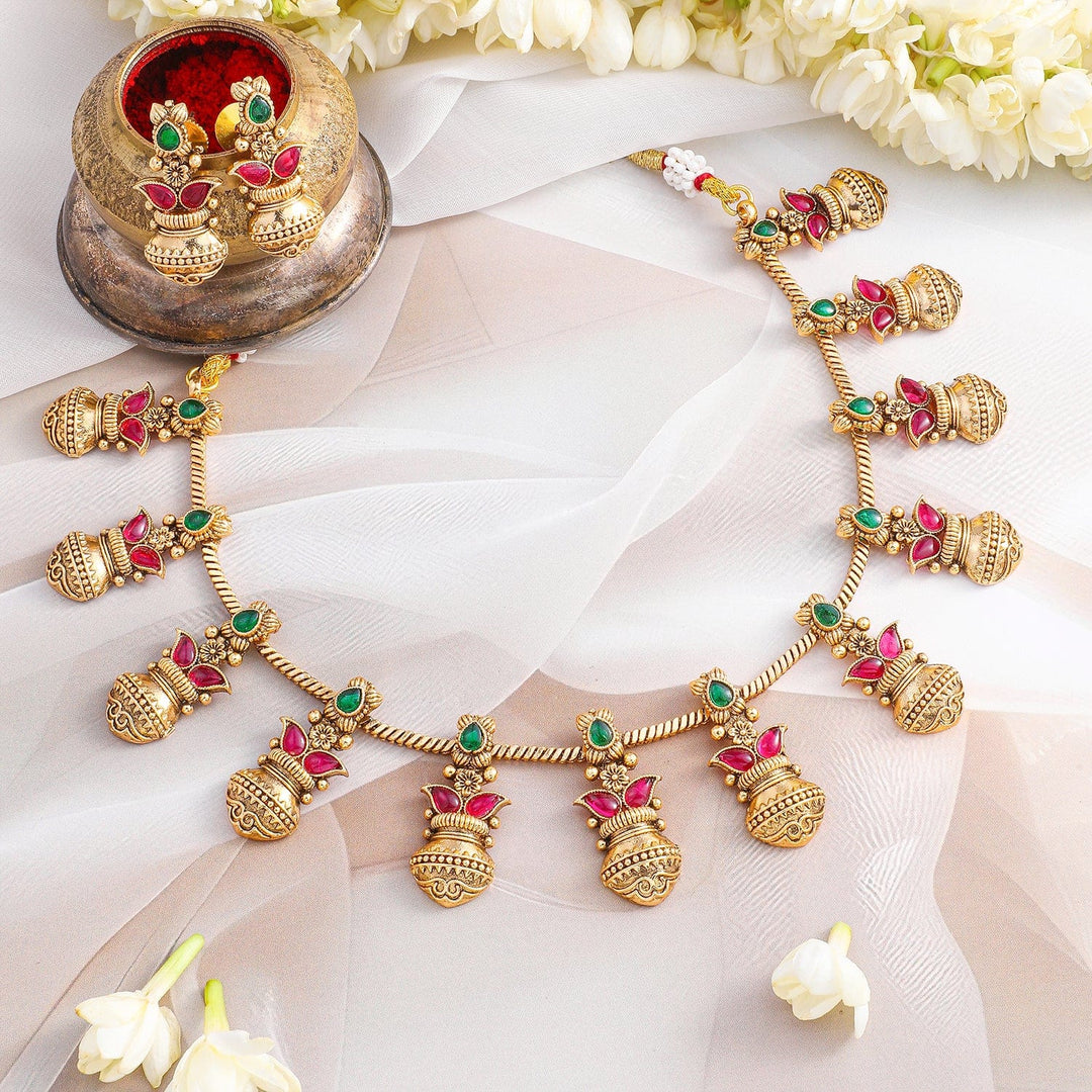 Rubans 22K Gold-Plated Ruby & Emerald Stone Handcrafted Traditional Necklace Set Necklace set