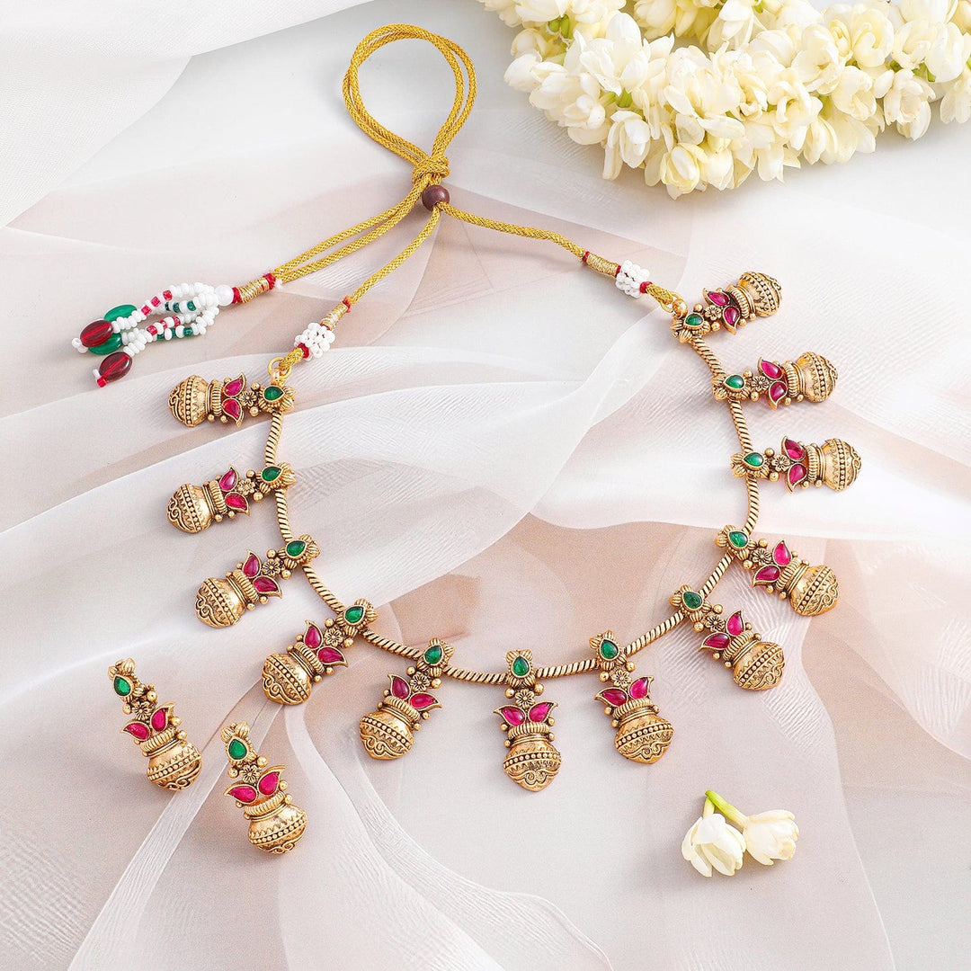 Rubans 22K Gold-Plated Ruby & Emerald Stone Handcrafted Traditional Necklace Set Necklace set