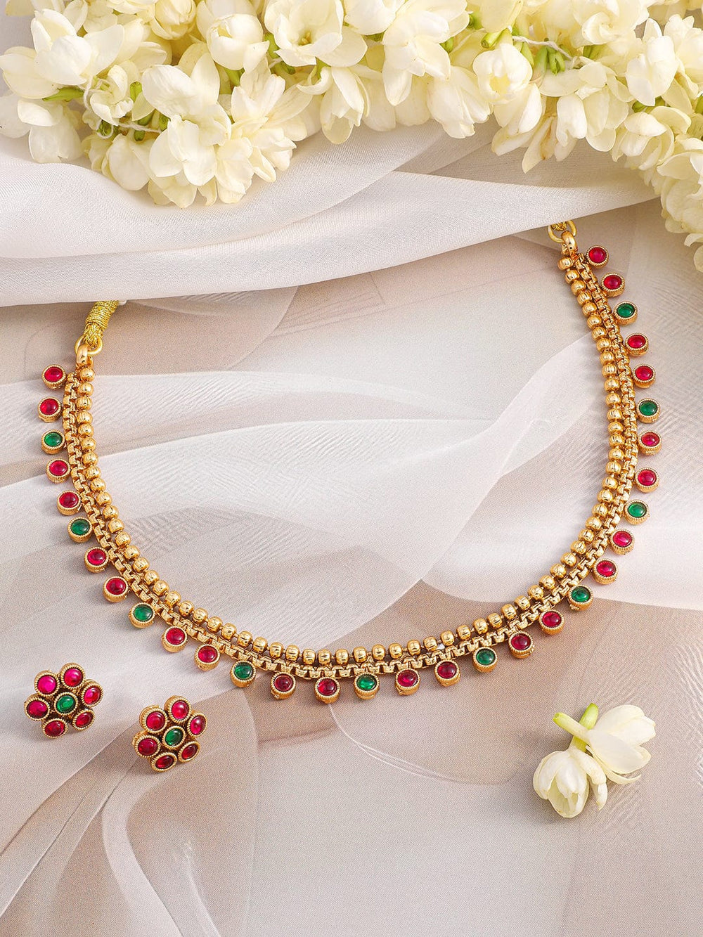 Rubans 22K Gold-Plated Ruby & Emerald Stone Studded Jewellery Set Necklace Set