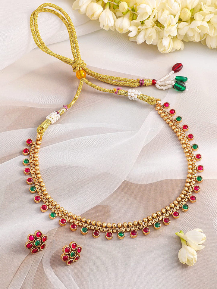 Rubans 22K Gold-Plated Ruby & Emerald Stone Studded Jewellery Set Necklace Set