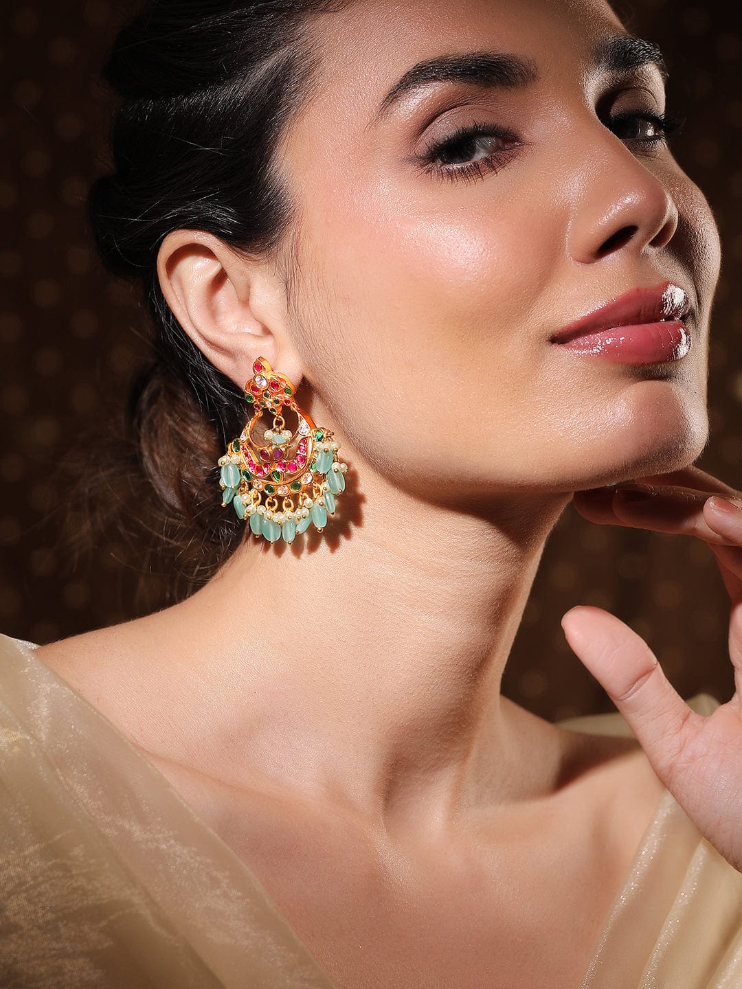 Rubans 22K Gold-Plated Ruby & Emerald Stone Studded Mint Green Beaded Chandbali Earrings Earrings