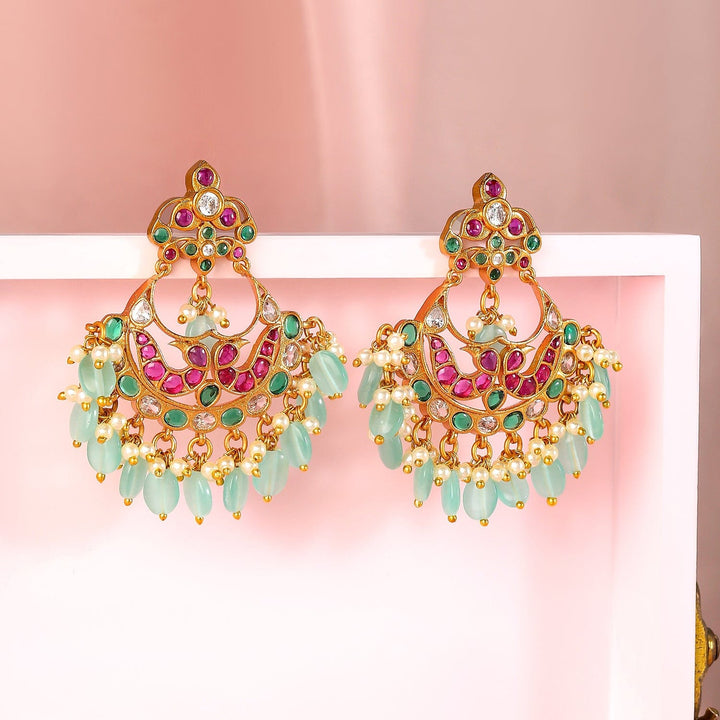 Rubans 22K Gold-Plated Ruby & Emerald Stone Studded Mint Green Beaded Chandbali Earrings Earrings