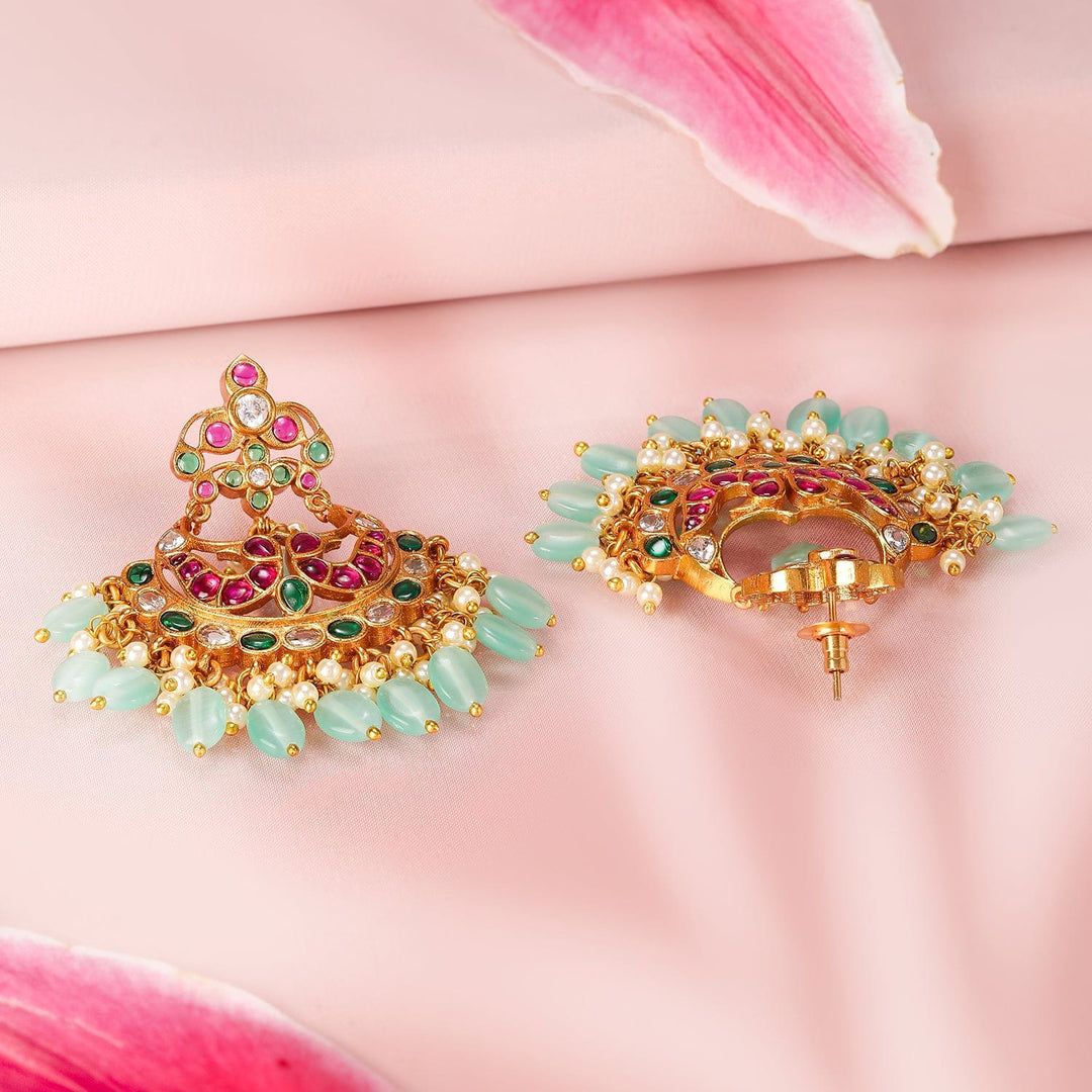 Rubans 22K Gold-Plated Ruby & Emerald Stone Studded Mint Green Beaded Chandbali Earrings Earrings