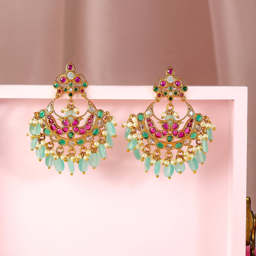 Rubans 22K Gold-Plated Ruby & Emerald Stone Studded Mint Green Beaded Chandbali Earrings Earrings