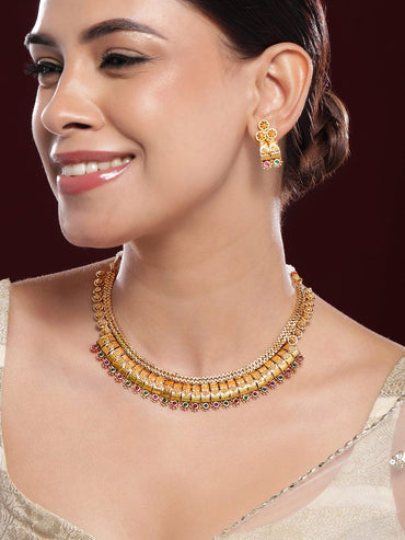 Rubans 22K Gold-Plated Ruby & Emerald Stones Handcrafted Traditional Necklace Set Necklace Set