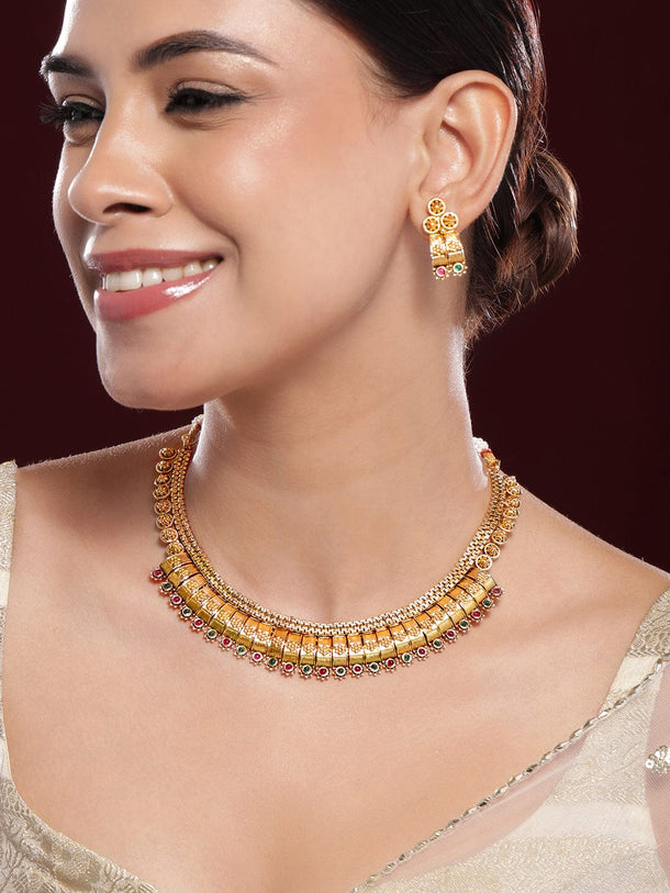 Rubans 22K Gold-Plated Ruby & Emerald Stones Handcrafted Traditional Necklace Set Necklace Set
