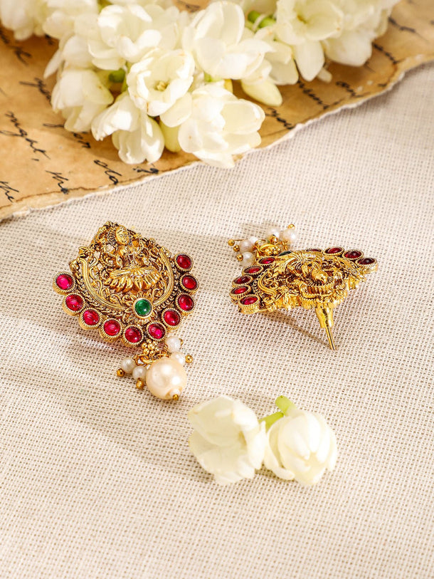 Rubans 22K Gold-Plated Ruby & Emerald Studded Lakshmi Temple Jewellery Set with Pearl Drop Jewellery Set