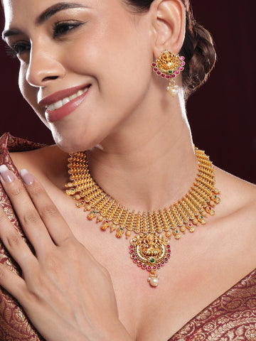 Rubans 22K Gold-Plated Ruby & Emerald Studded Lakshmi Temple Jewellery Set with Pearl Drop Necklace Set