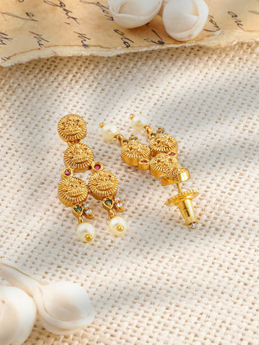 Rubans 22K Gold-Plated Ruby &Emerald-Studded Temple Necklace Set with Pearl Beaded Drops Jewellery Set