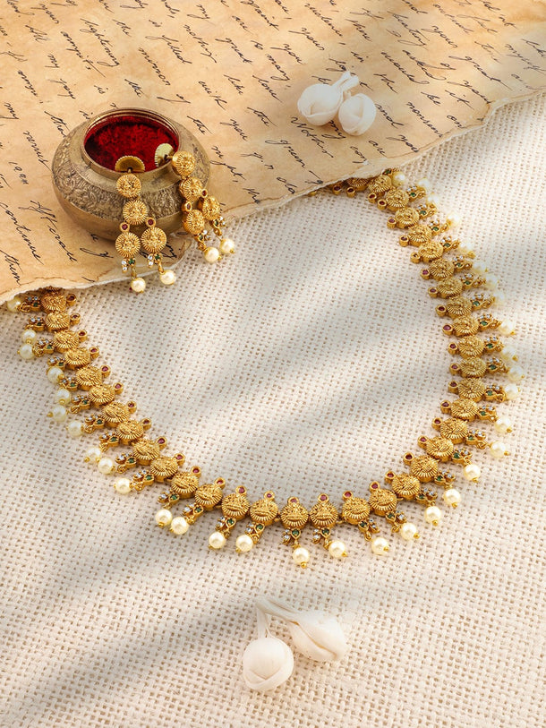 Rubans 22K Gold-Plated Ruby &Emerald-Studded Temple Necklace Set with Pearl Beaded Drops Jewellery Set