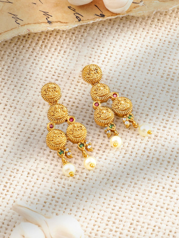 Rubans 22K Gold-Plated Ruby &Emerald-Studded Temple Necklace Set with Pearl Beaded Drops Jewellery Set