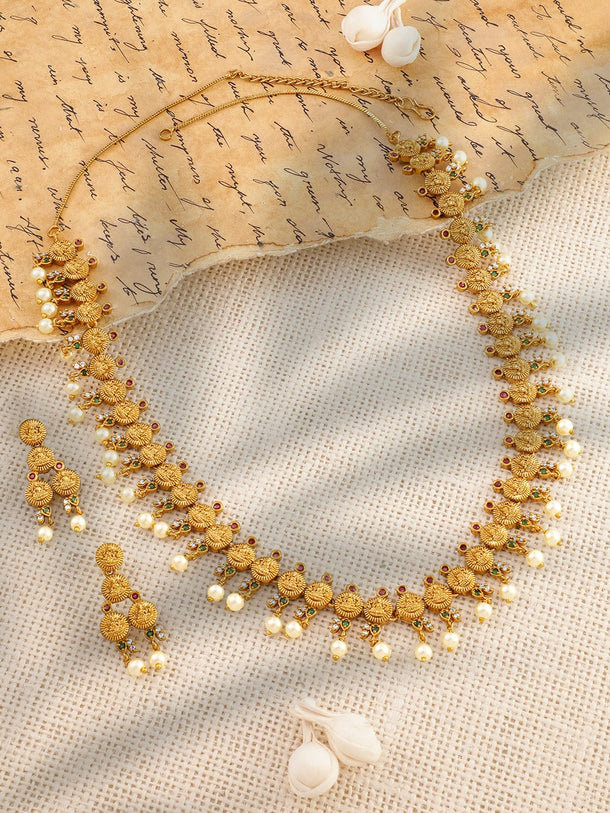Rubans 22K Gold-Plated Ruby &Emerald-Studded Temple Necklace Set with Pearl Beaded Drops Jewellery Set