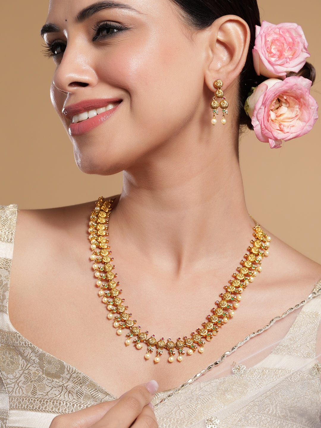 Rubans 22K Gold-Plated Ruby &Emerald-Studded Temple Necklace Set with Pearl Beaded Drops Necklace Set