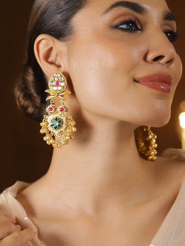 Rubans 22K Gold-Plated Ruby Emerald & White Kundan Studded Floral Drop Earrings with Ghungroo Beads Drop Earrings