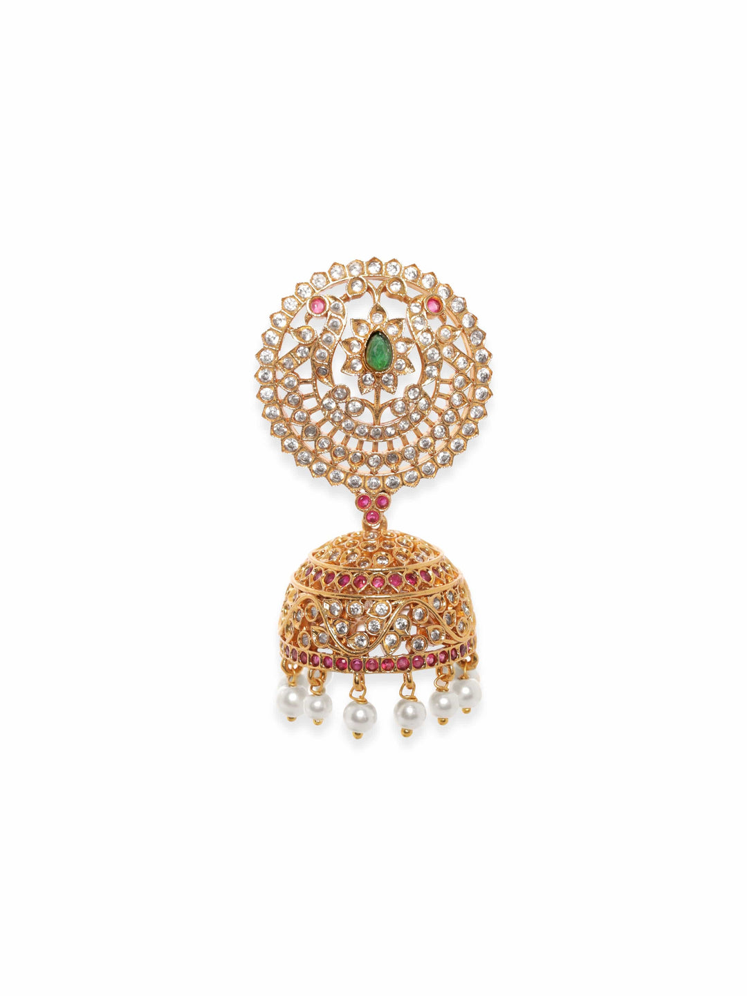 Rubans 22K Gold plated Ruby & Emerald Zirconia Hand Crafted Statement Temple Jhumka Earrings Earrings