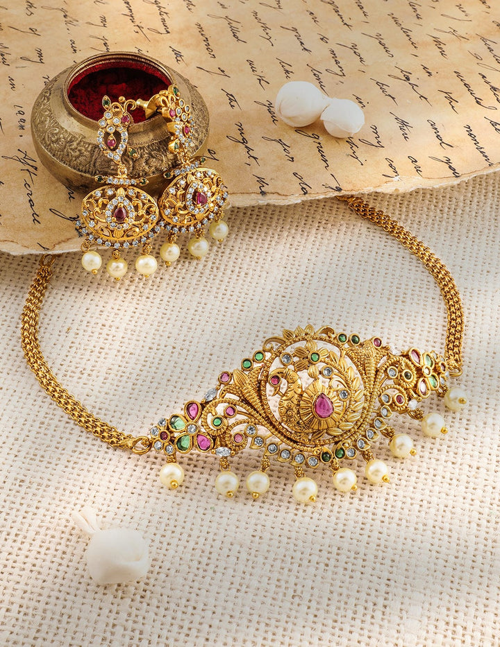 Rubans 22K Gold-Plated Ruby, Emerald & Zirconia Studded Temple Choker Set with Pearl Drops Necklace Set