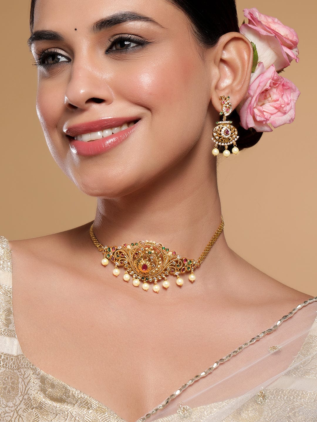 Rubans 22K Gold-Plated Ruby, Emerald & Zirconia Studded Temple Choker Set with Pearl Drops Necklace Set