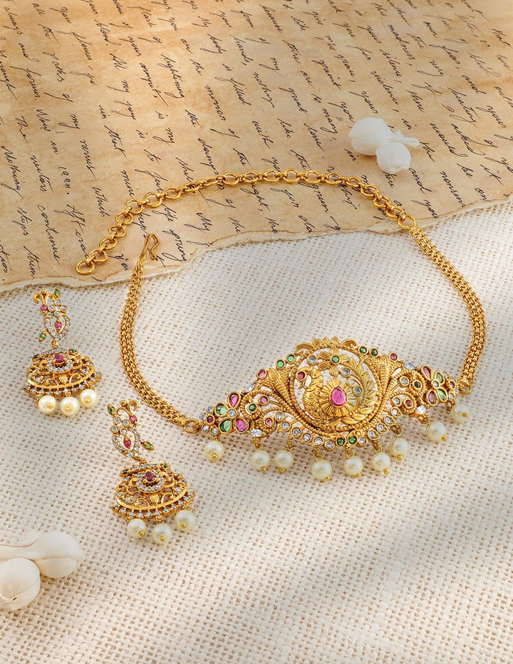 Rubans 22K Gold-Plated Ruby, Emerald & Zirconia Studded Temple Choker Set with Pearl Drops Necklace Set