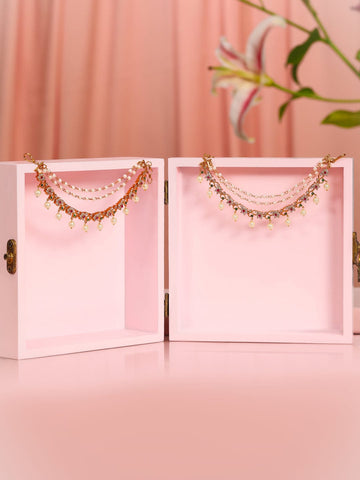 Rubans 22K Gold-Plated Ruby & Green Stone Studded Pearl Beaded Layered Ear Chain Earrings Extension