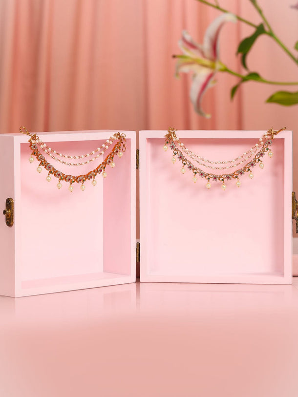 Rubans 22K Gold-Plated Ruby & Green Stone Studded Pearl Beaded Layered Ear Chain Earrings Extension