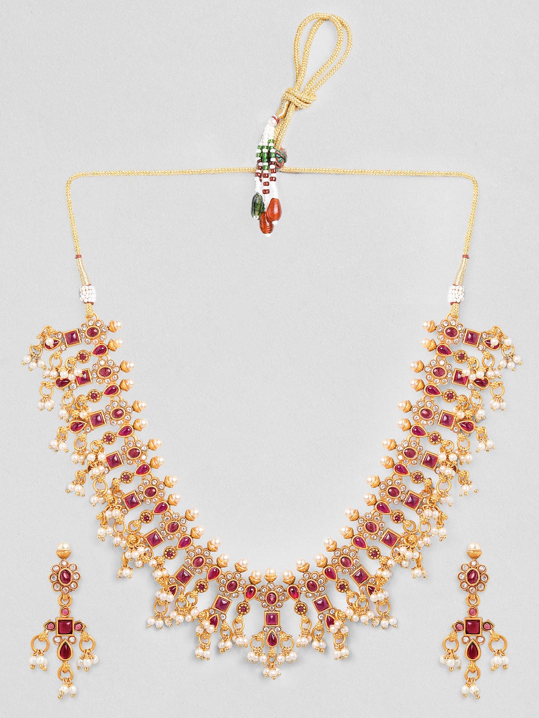 Rubans 22K Gold-Plated Ruby  Kundan & Cubic Zirconia Studded Necklace Set with Pearl Beads Necklace Set