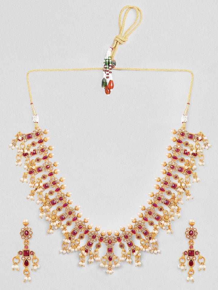 Rubans 22K Gold-Plated Ruby  Kundan & Cubic Zirconia Studded Necklace Set with Pearl Beads Necklace Set