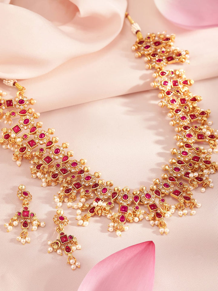 Rubans 22K Gold-Plated Ruby  Kundan & Cubic Zirconia Studded Necklace Set with Pearl Beads Necklace Set