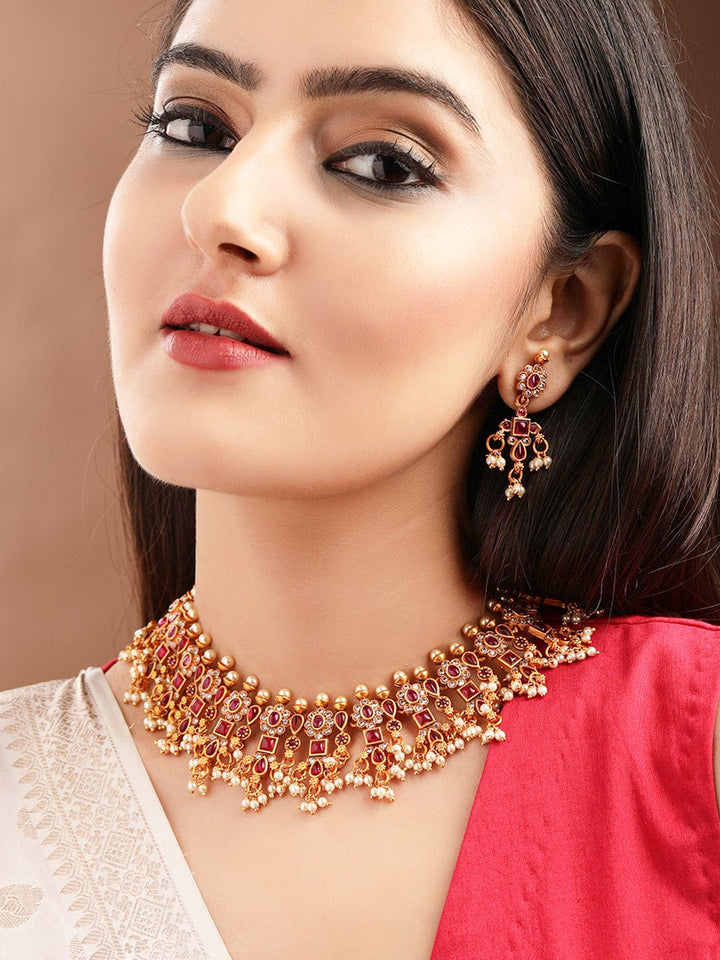 Rubans 22K Gold-Plated Ruby  Kundan & Cubic Zirconia Studded Necklace Set with Pearl Beads Necklace Set