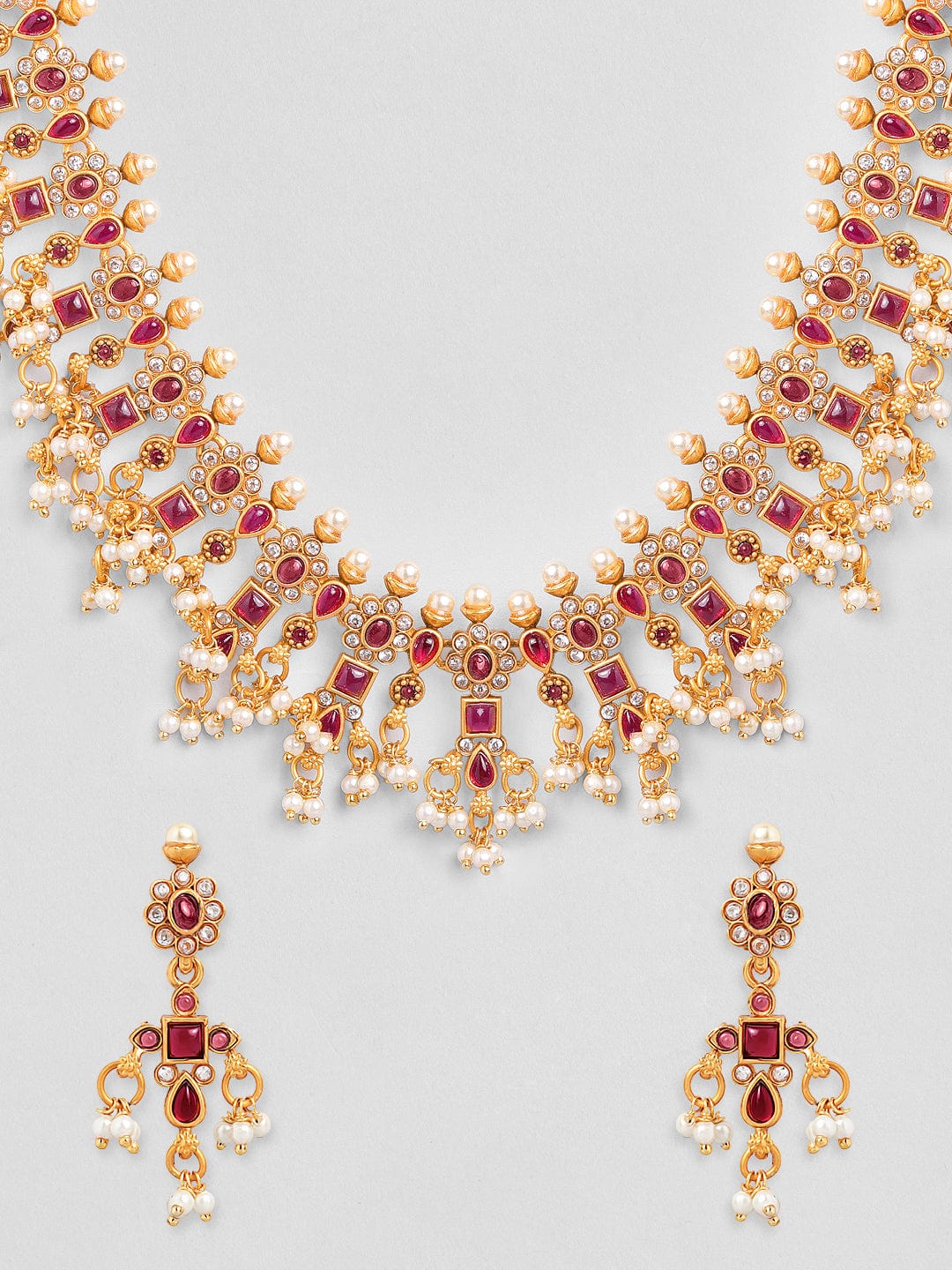 Rubans 22K Gold-Plated Ruby  Kundan & Cubic Zirconia Studded Necklace Set with Pearl Beads Necklace Set