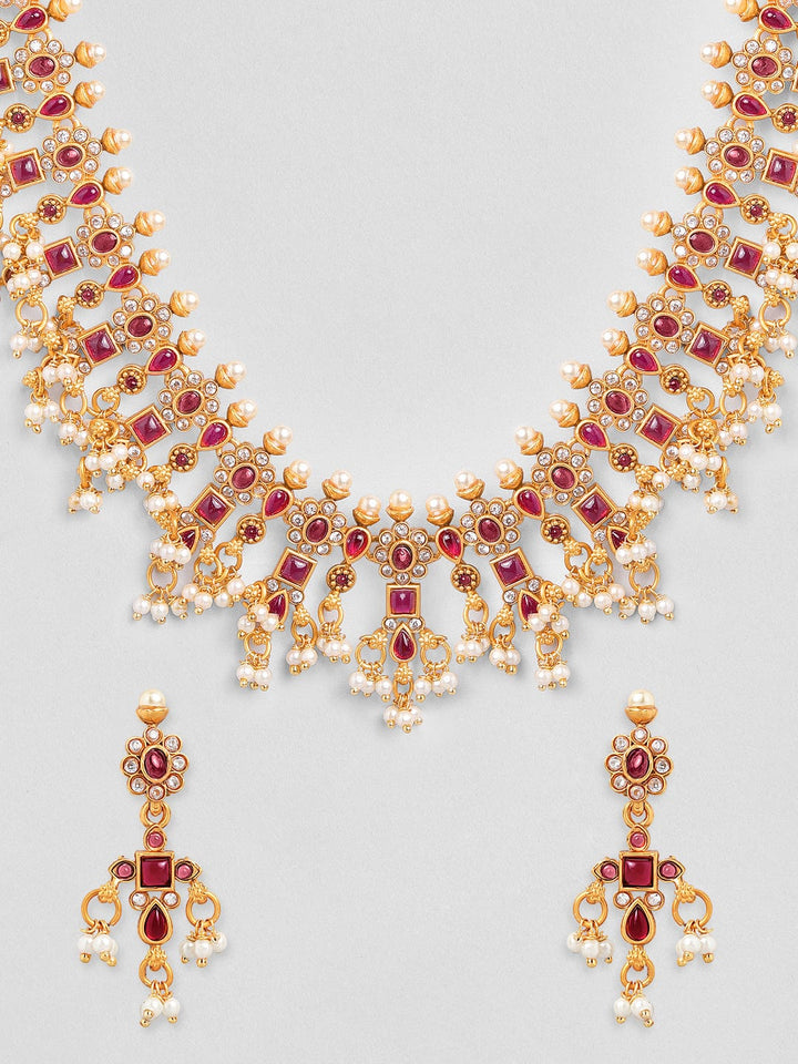 Rubans 22K Gold-Plated Ruby  Kundan & Cubic Zirconia Studded Necklace Set with Pearl Beads Necklace Set