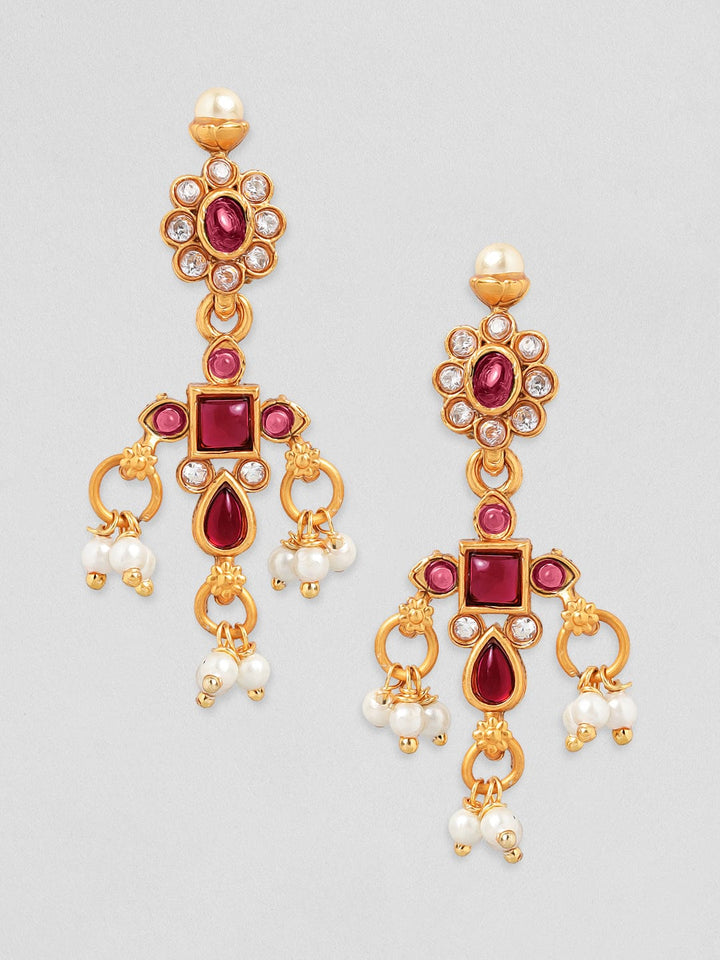 Rubans 22K Gold-Plated Ruby  Kundan & Cubic Zirconia Studded Necklace Set with Pearl Beads Necklace Set