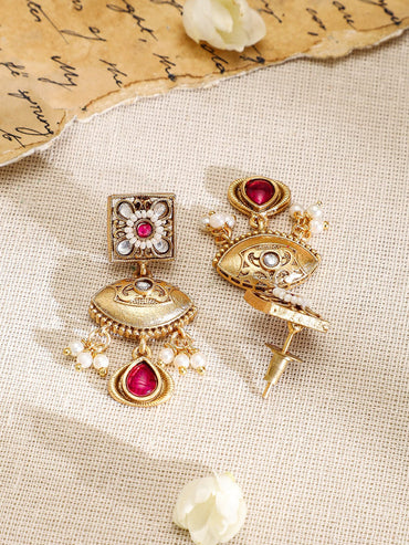 Rubans 22K Gold-Plated Ruby, Kundan & Multi-Strand Pearl Bead Detailing Necklace Set Jewellery Set