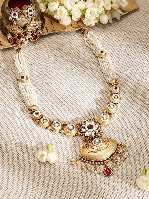 Rubans 22K Gold-Plated Ruby, Kundan & Multi-Strand Pearl Bead Detailing Necklace Set Jewellery Set