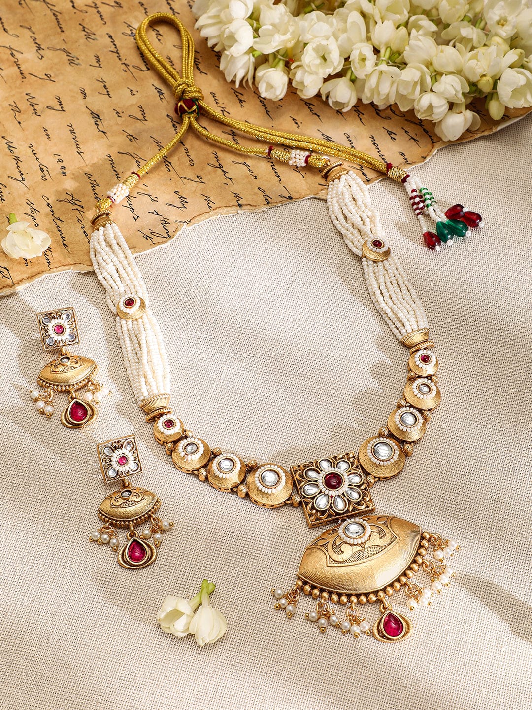 Rubans 22K Gold-Plated Ruby, Kundan & Multi-Strand Pearl Bead Detailing Necklace Set Jewellery Set