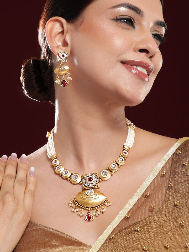 Rubans 22K Gold-Plated Ruby, Kundan & Multi-Strand Pearl Bead Detailing Necklace Set Jewellery Sets