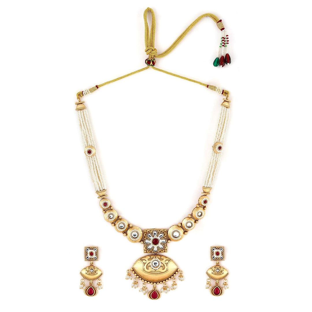 Rubans 22K Gold-Plated Ruby, Kundan & Multi-Strand Pearl Bead Detailing Necklace Set Jewellery Sets