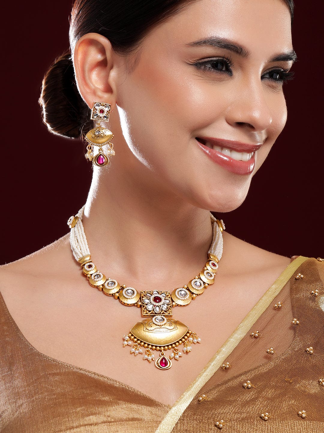 Rubans 22K Gold-Plated Ruby, Kundan & Multi-Strand Pearl Bead Detailing Necklace Set Necklace set