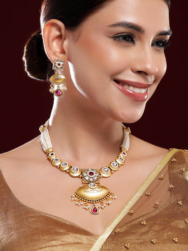Rubans 22K Gold-Plated Ruby, Kundan & Multi-Strand Pearl Bead Detailing Necklace Set Necklace set