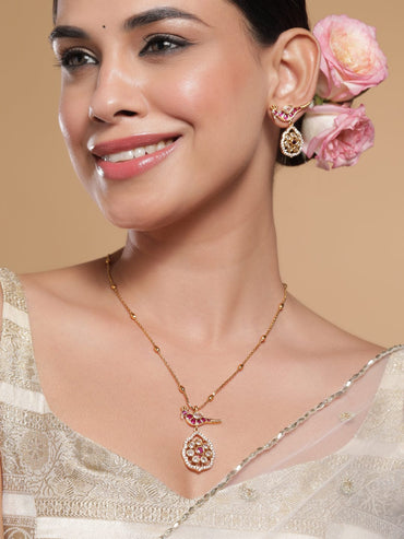 Rubans 22K Gold-Plated Ruby & Kundan with Cubic Zicronia Studded Peacock Design Necklace Set Jewellery Set