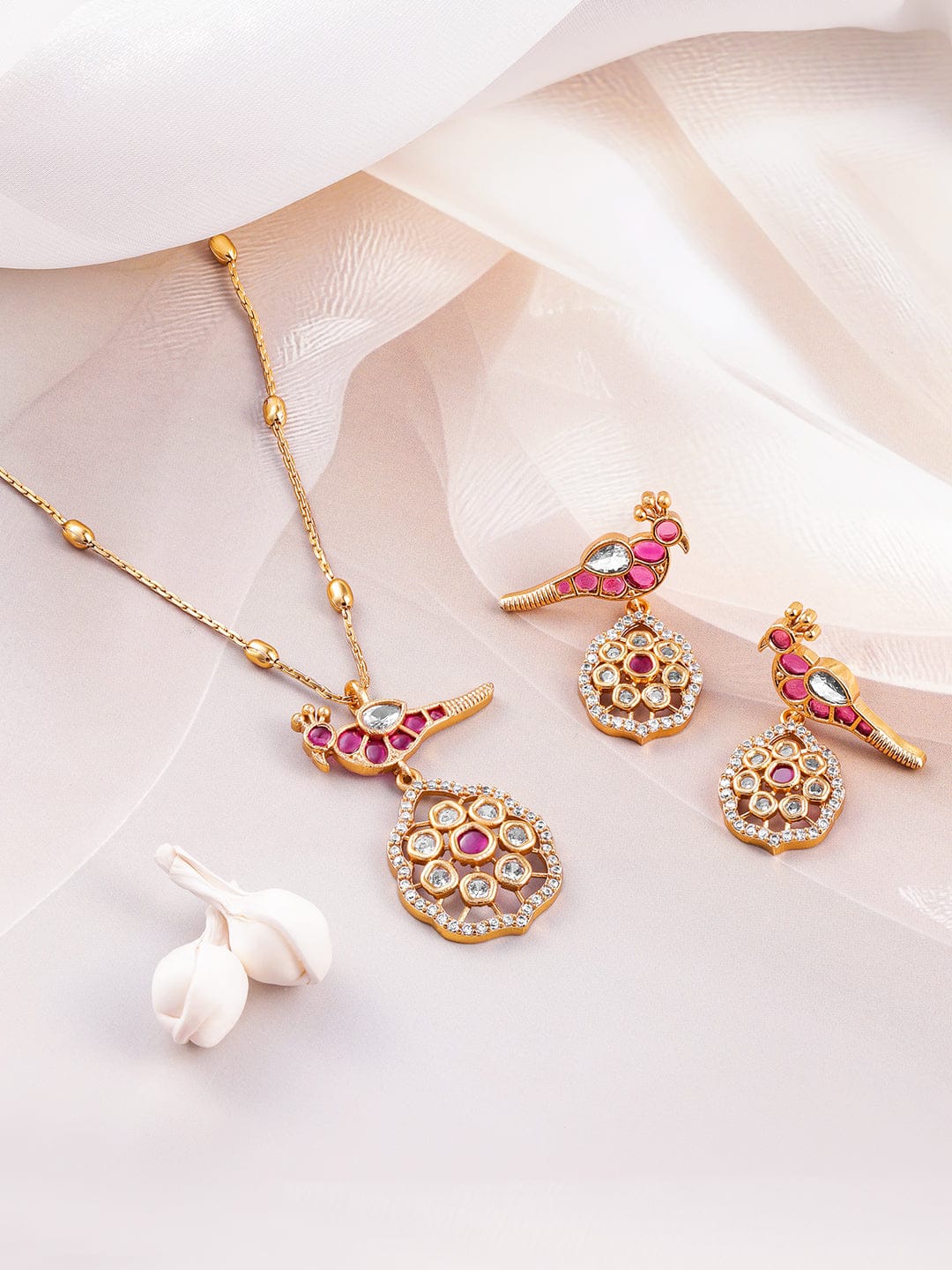 Rubans 22K Gold-Plated Ruby & Kundan with Cubic Zicronia Studded Peacock Design Necklace Set Jewellery Set