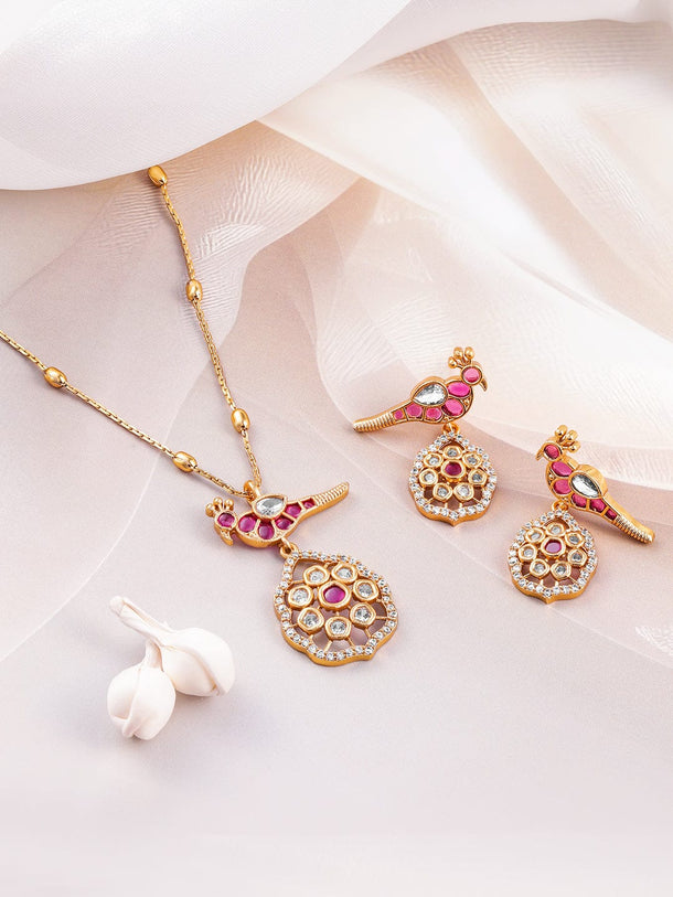 Rubans 22K Gold-Plated Ruby & Kundan with Cubic Zicronia Studded Peacock Design Necklace Set Jewellery Set