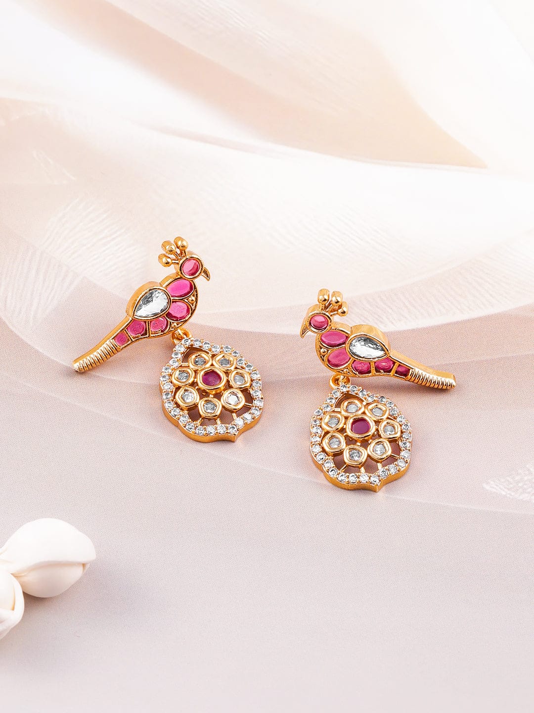 Rubans 22K Gold-Plated Ruby & Kundan with Cubic Zicronia Studded Peacock Design Necklace Set Jewellery Set