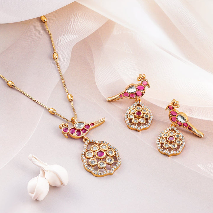 Rubans 22K Gold-Plated Ruby & Kundan with Cubic Zicronia Studded Peacock Design Necklace Set Necklace set