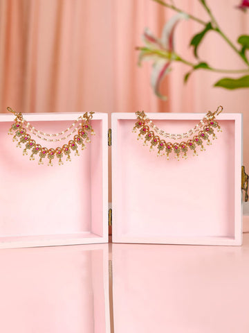 Rubans 22K Gold Plated Ruby & Pearl Studded Handcrafted Ear Chain with Delicate Layered Design Earrings Extension