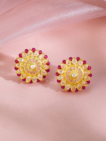 Rubans 22K Gold-Plated Ruby Pink Beaded & Cubic Zirconia Multi-Strand Ethnic Traditional Choker Jewellery Set Jewellery Set