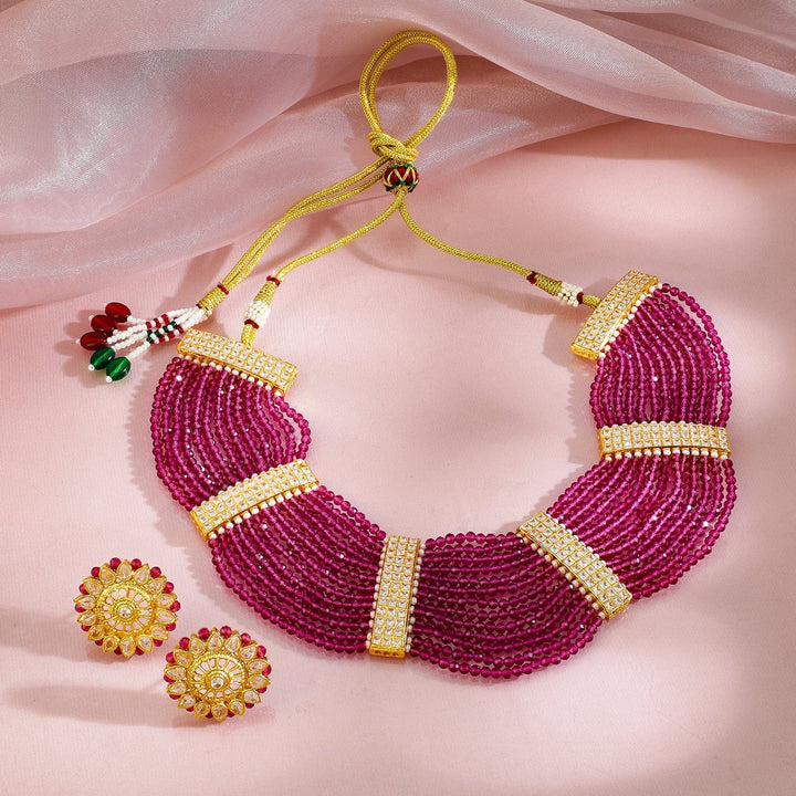 Rubans 22K Gold-Plated Ruby Pink Beaded & Cubic Zirconia Multi-Strand Ethnic Traditional Choker Jewellery Set Necklace Set