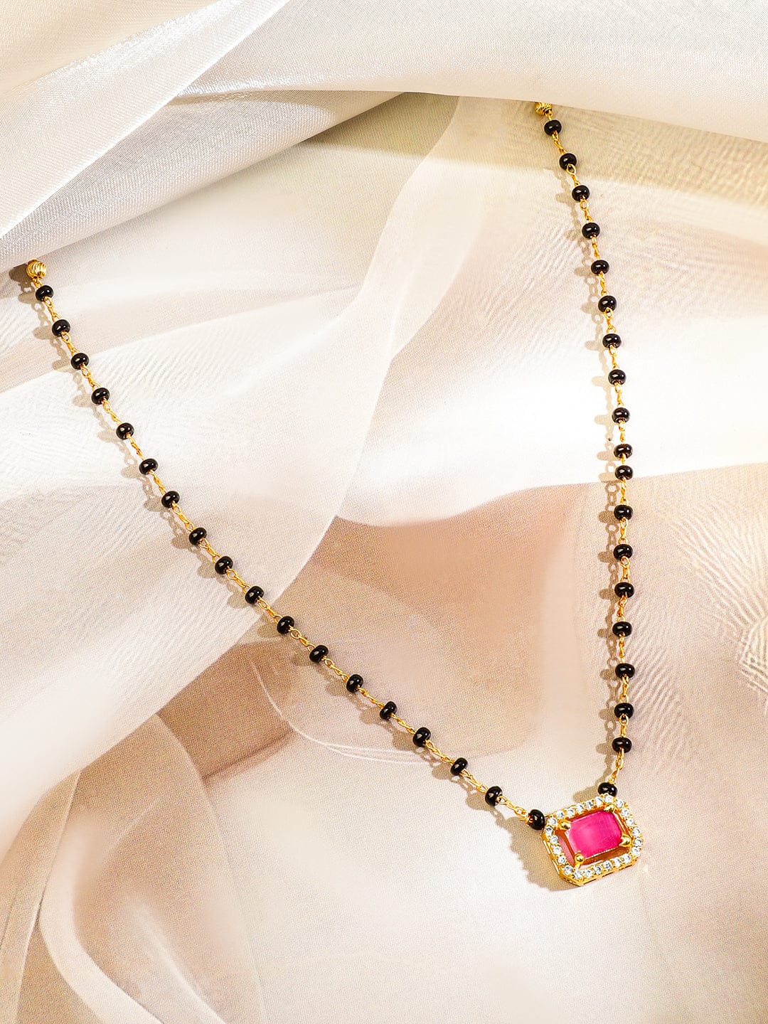 Rubans 22K Gold-Plated Ruby Pink & Cubic Zirconia Stone Studded Mangalsutra with Black Beaded Chain Mangalsutra