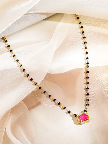 Rubans 22K Gold-Plated Ruby Pink & Cubic Zirconia Stone Studded Mangalsutra with Black Beaded Chain Mangalsutra