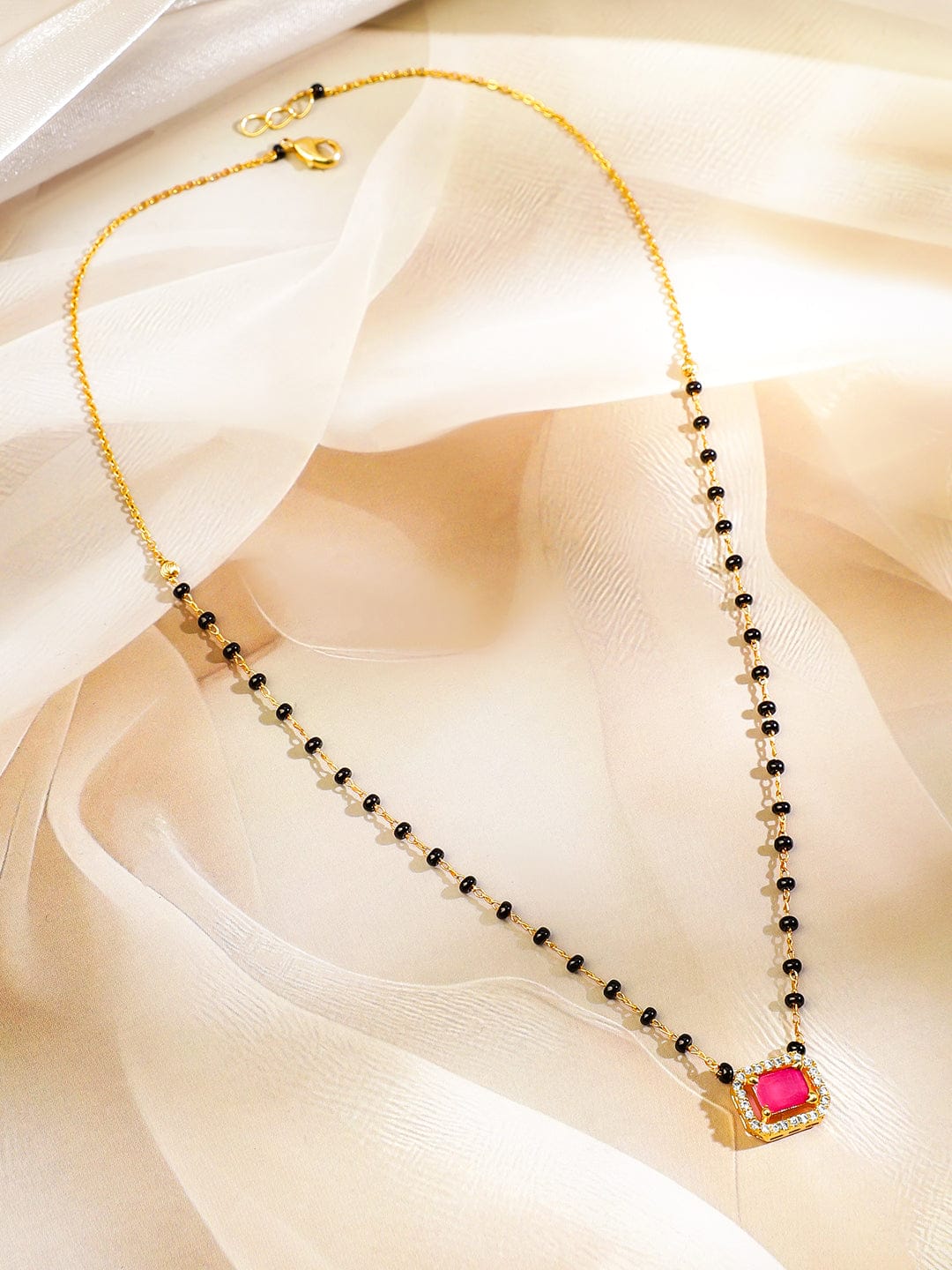 Rubans 22K Gold-Plated Ruby Pink & Cubic Zirconia Stone Studded Mangalsutra with Black Beaded Chain Mangalsutra