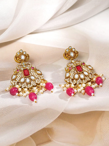Rubans 22K Gold-Plated Ruby Pink & Cubic Zirconia Studded Long Necklace Set with Ruby Pink & White Pearls Beaded Accents Necklace & Chains
